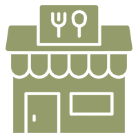 A green pixel art style restaurant with an open door.