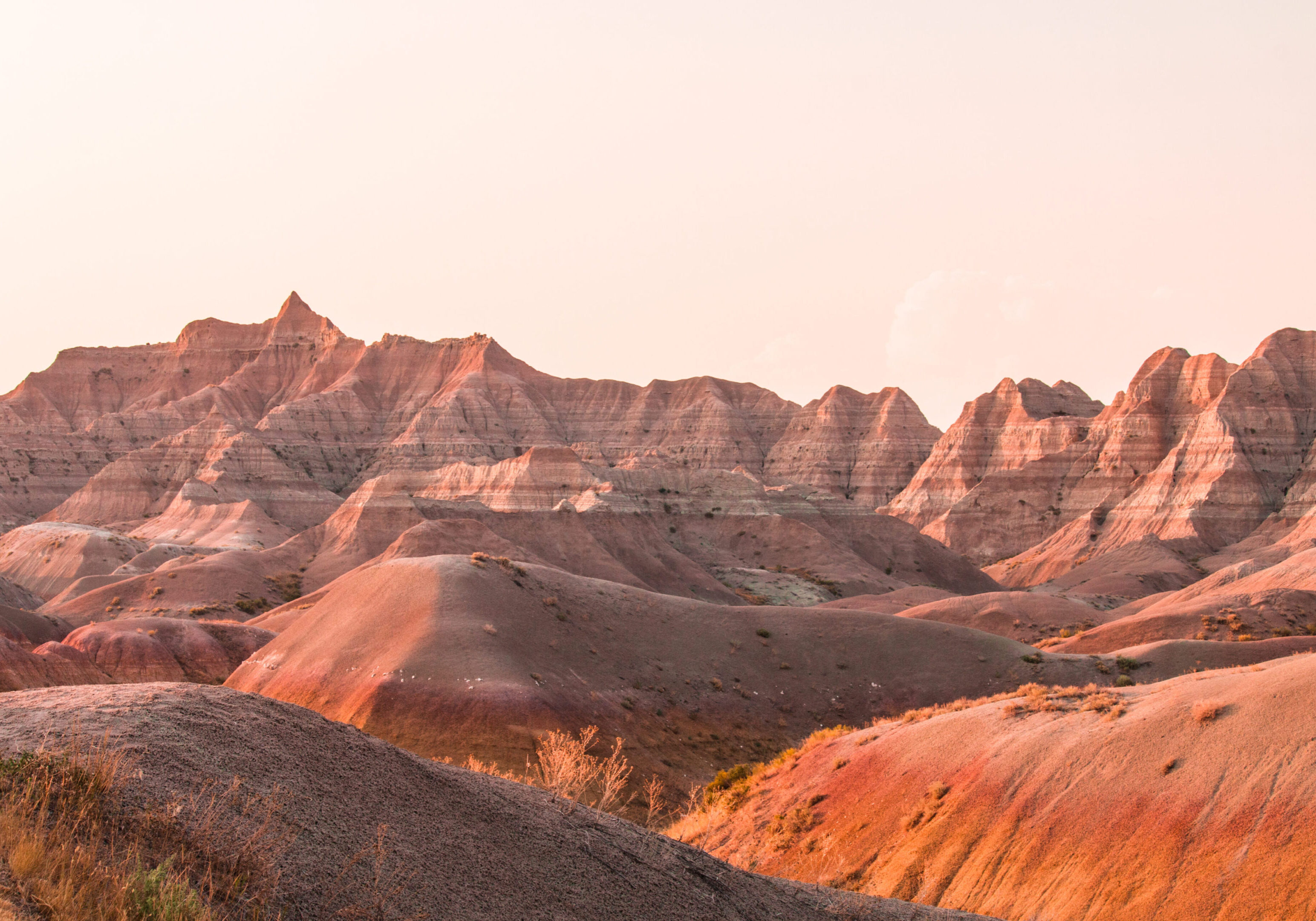 A view of the badlands at sunset.